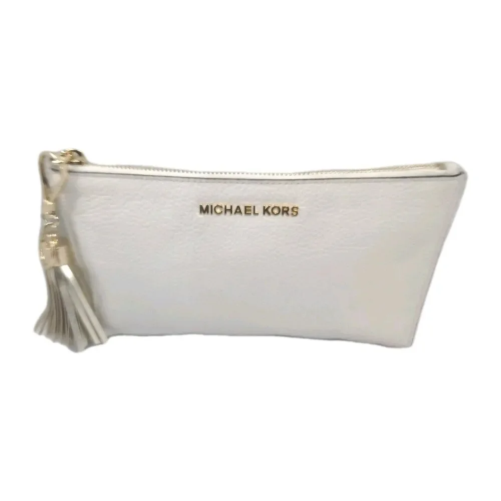Michael Kors  Leather Clutch Purse Off White Tassel & Key Ring Accents